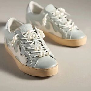 Anthropologie Bibi Lou Gamin Sneaker Light Blue White Pearls Flame